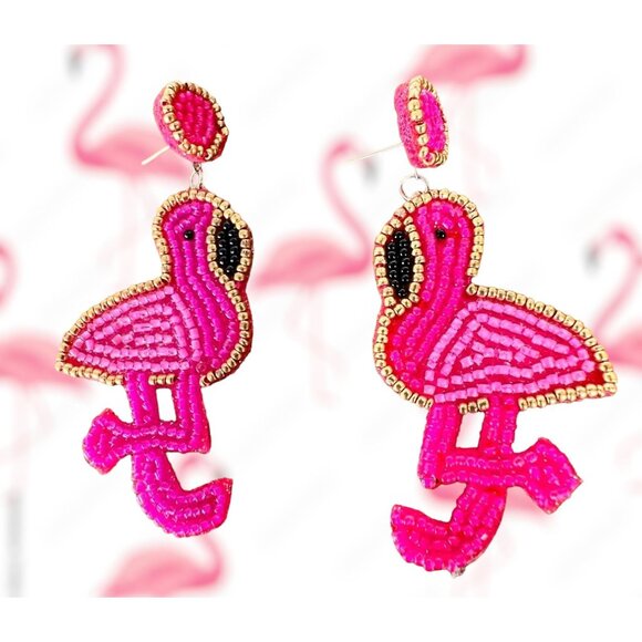 Flamingo Earrings Beaded Dangle Post New Pink Statement Jewelry Caribbe… - Picture 4 of 12